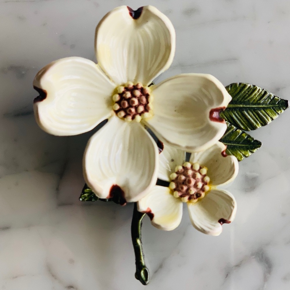 Mid century Double Dogwood Stem Enamel Brooch Pin